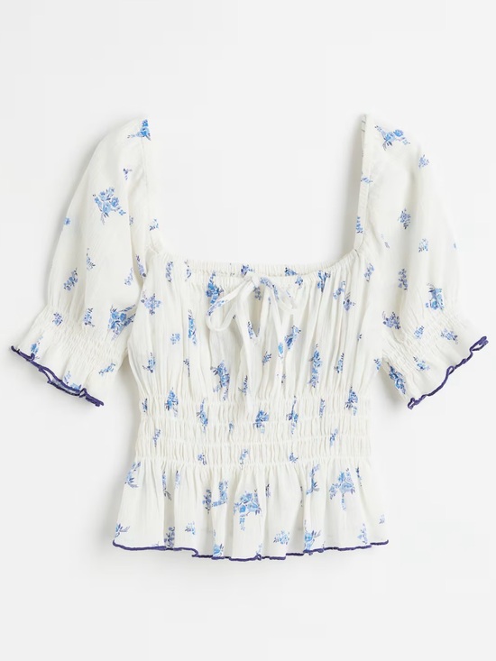 H&M Tops - H&M Puff Sleeve Smocked Floral Cotton Cropped Top